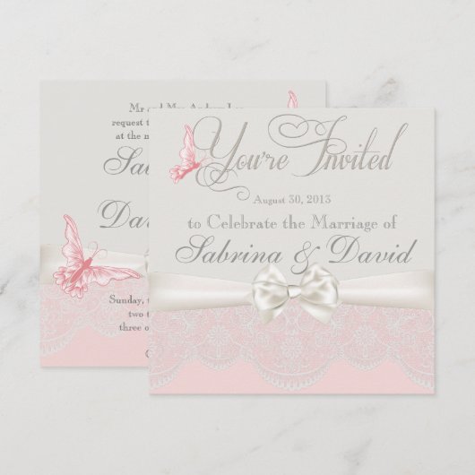 Roze en ivoor Butterflies en de Uitnodiging van de (Voorkant / Achterkant)