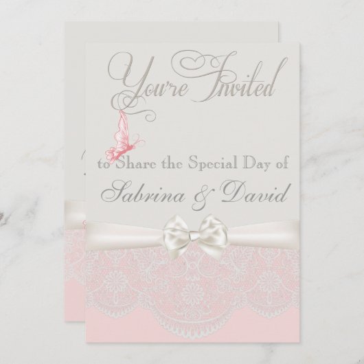 Roze en ivoor Butterflies en de Uitnodiging van de (Voorkant / Achterkant)