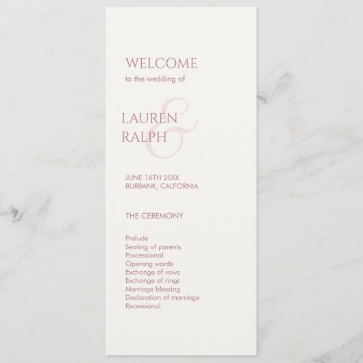 Roze en Ivoor Monogram Welkom Huwelijksprogramma Programmakaart (Voorkant)