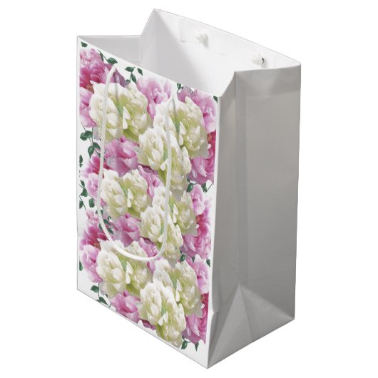 Roze en ivoor Peony Flowers Medium Gift Bag Medium Cadeauzakje (Voorkant Gekanteld)