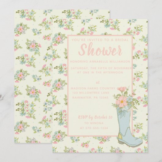 Roze en Ivoor Regen Boot Bruiloft Douche Kaart (Voorkant / Achterkant)