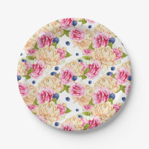 Roze en ivoorkleurige roos en bosbes bloempatroon