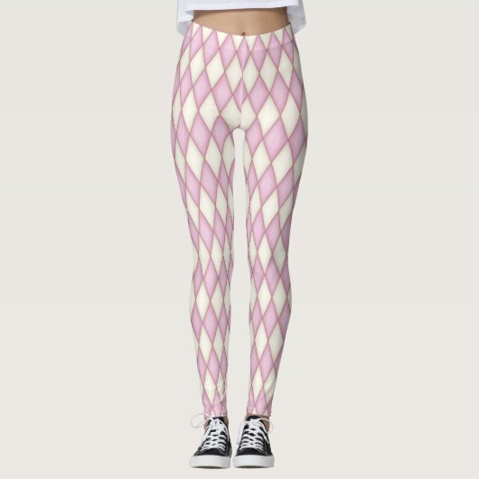 Roze en ivoren Harlequin Diamond Check Leggings (Voorkant)