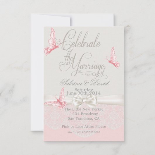 Roze en ivoren vlinders en kant-en-klaar maken kaart (Achterkant)