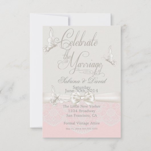 Roze en ivoren vlinders en kant-en-klaar maken kaart (Achterkant)