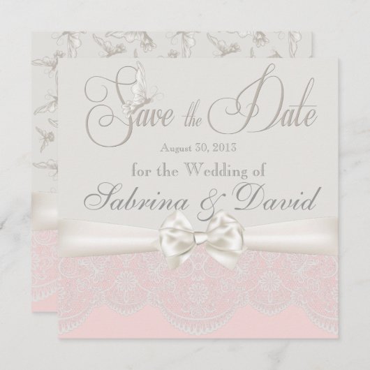 Roze en ivory Butterflies en kant Opslaan Datum Save The Date (Voorkant / Achterkant)