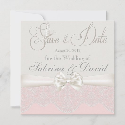 Roze en ivory Butterflies en kant Opslaan Datum Save The Date (Voorkant)