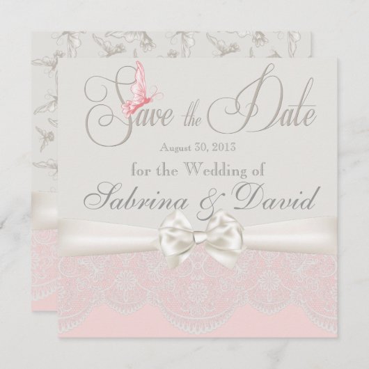 Roze en ivory Butterflies en kant Opslaan Datum Save The Date (Voorkant / Achterkant)