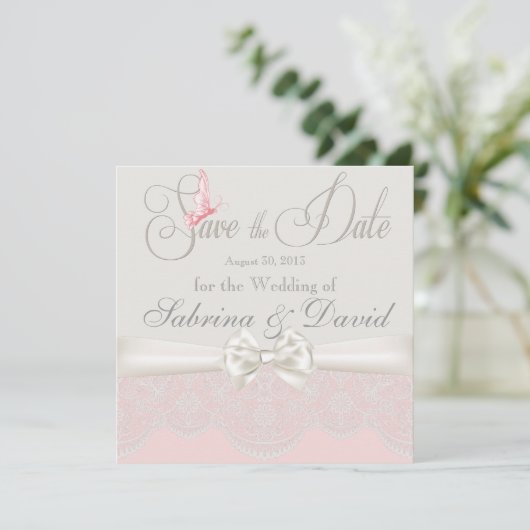 Roze en ivory Butterflies en kant Opslaan Datum Save The Date (Staand voorkant)