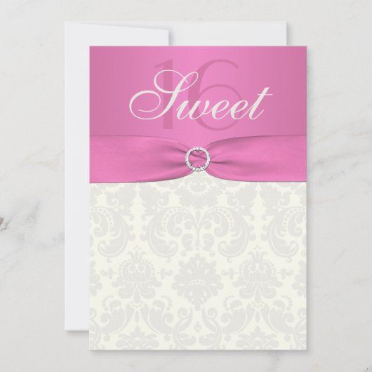 Roze en Ivory Damask Sweet Sixteen Uitnodiging (Voorkant)