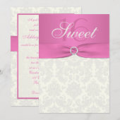 Roze en Ivory Damask Sweet Sixteen Uitnodiging (Voorkant / Achterkant)