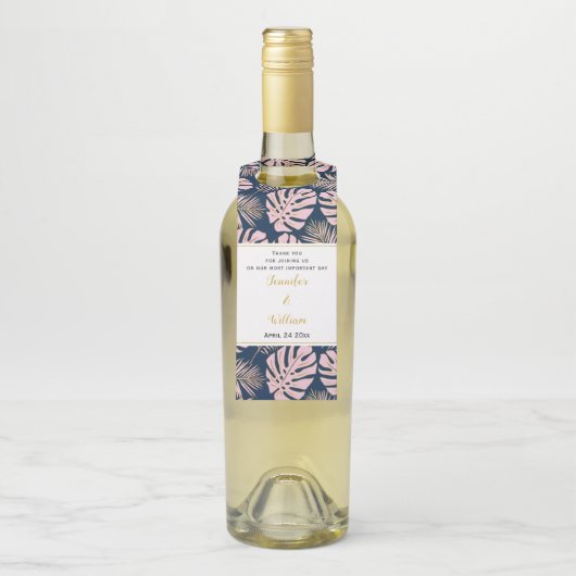 Roze en jachttropische bladeren, polka dots bruilo flessenhanger (Op fles)