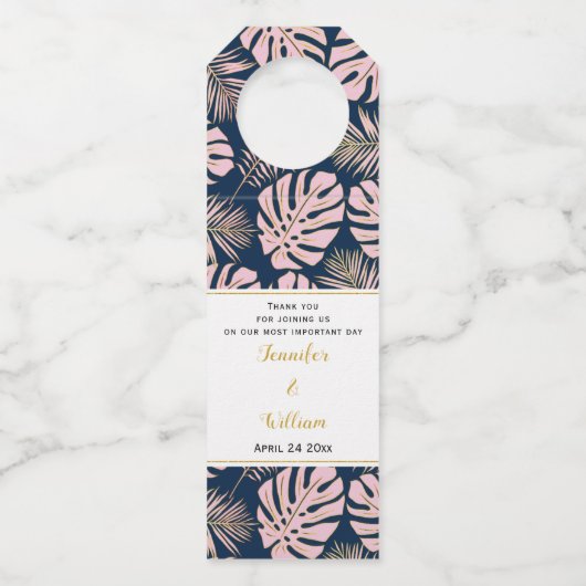 Roze en jachttropische bladeren, polka dots bruilo flessenhanger (Voorkant)