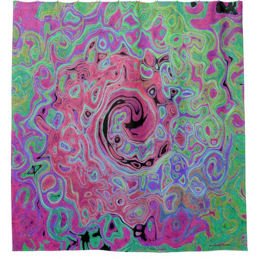 Roze en kalkgroene roovy Abstract Retro Swirl Douchegordijn (Voorkant)