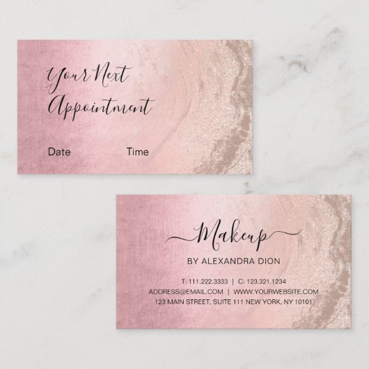 Roze en kopergoud roos glitter make-up artiest afsprakenkaartje (Voorkant / Achterkant)