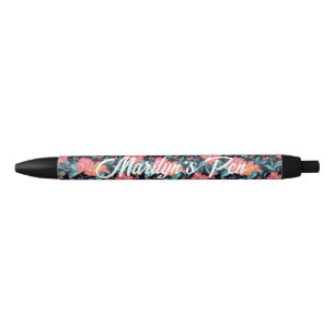Roze en koraal bloemen gepersonaliseerd zwarte inkt pen