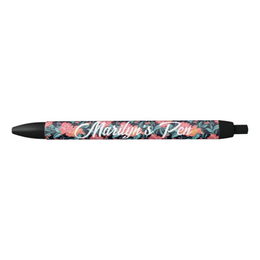Roze en koraal bloemen gepersonaliseerd zwarte inkt pen (Voorkant)