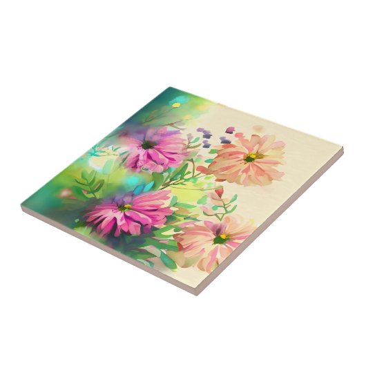 Roze en Koraal  Bloemen Tegeltje (Zijkant)