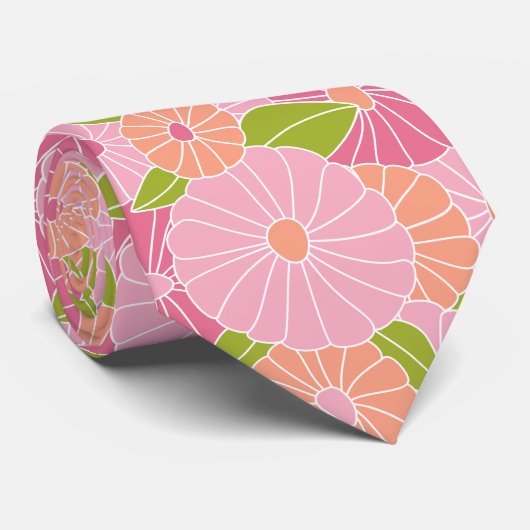 Roze en koraal Bloempatroon - Modern Bold Stropdas (Opgerold)