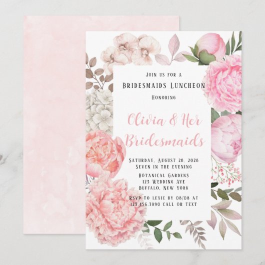 Roze en koraal Botanische pony Bridesmaid Luncheon Kaart (Voorkant / Achterkant)