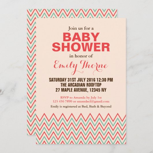 Roze en koraal chevron babyshower uitnodiging (Voorkant / Achterkant)