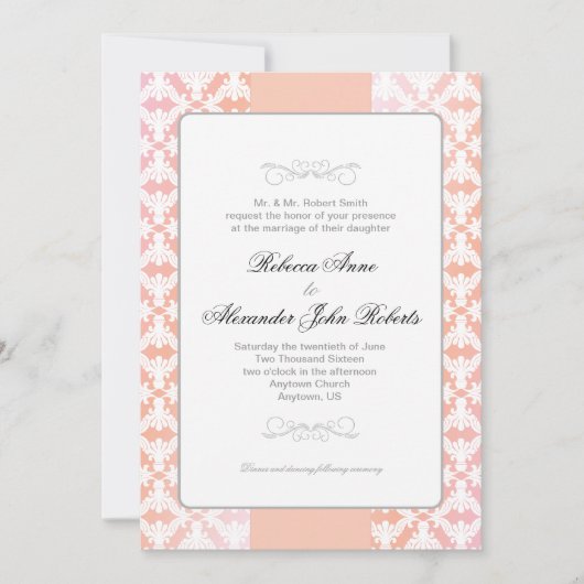 Roze en koraal Damask Simple Wedding Kaart (Voorkant)