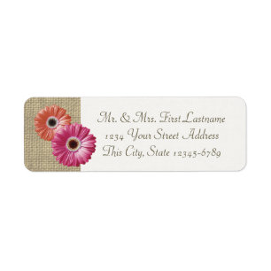 Roze en koraal Gerbera Daisy en Burlap Etiket