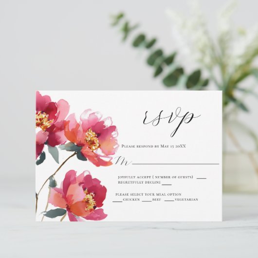 Roze en koraal pioen bruiloft RSVP Kaart (Staand voorkant)