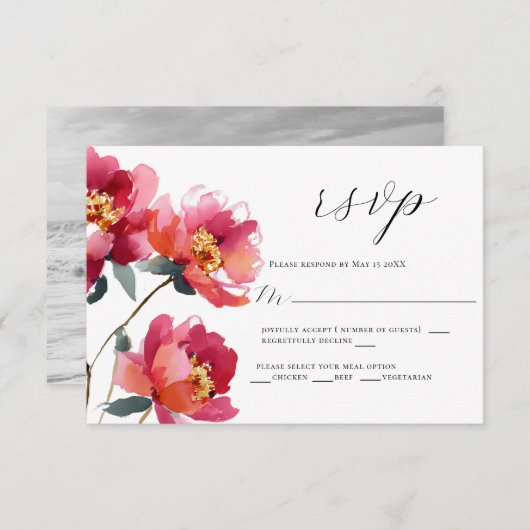 Roze en koraal pioen bruiloft RSVP Kaart (Voorkant / Achterkant)