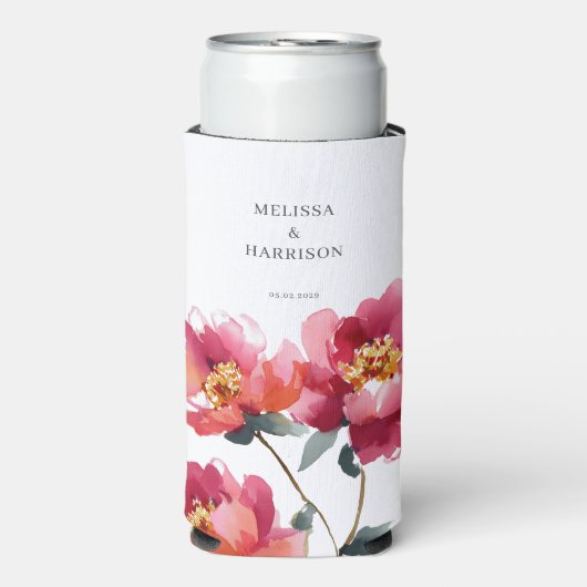 Roze en koraal pioen bruiloft seltzer blikjeskoeler (Seltzer Voorkant)