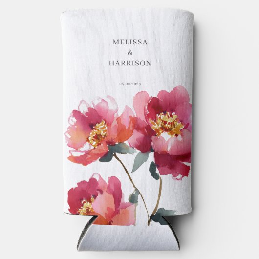 Roze en koraal pioen bruiloft seltzer blikjeskoeler (Voorkant)