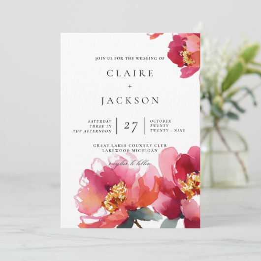 Roze en koraal pioenen moderne bruiloft uitnodigin kaart (Staand voorkant)
