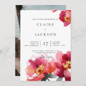 Roze en koraal pioenen moderne bruiloft uitnodigin kaart (Voorkant / Achterkant)