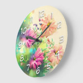 Roze en koraal Waterverf Flowers Grote Klok (Hoek)