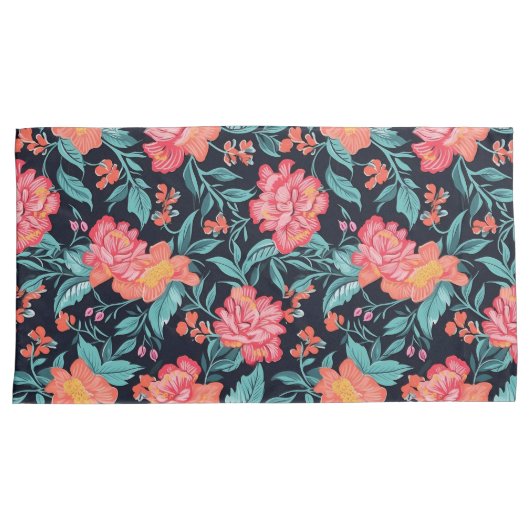 Roze en koraalbloemen kussensloop (Voorkant-Rechts)