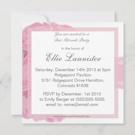 Roze en Lace Bat Mitzvah Uitnodiging (Achterkant)