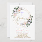 Roze en Lavendel Bloemen Doop Goud Lijst Kaart (Voorkant)