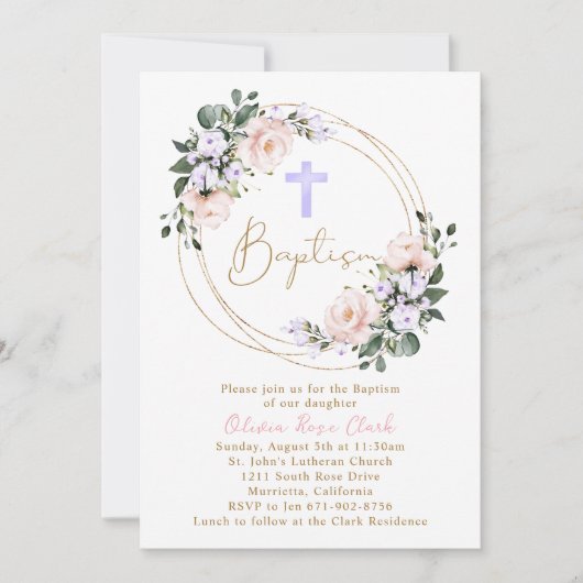 Roze en Lavendel Bloemen Doop Goud Lijst Kaart (Voorkant)