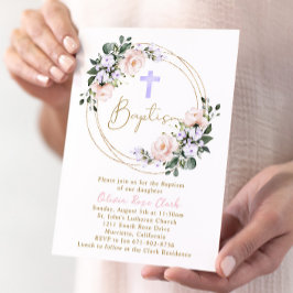 Roze en Lavendel Bloemen Doop Goud Lijst Kaart