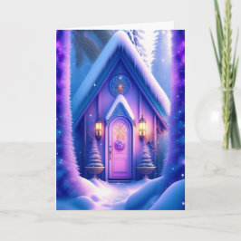 Roze en lavendel huisje kerstkaart feestdagen kaart