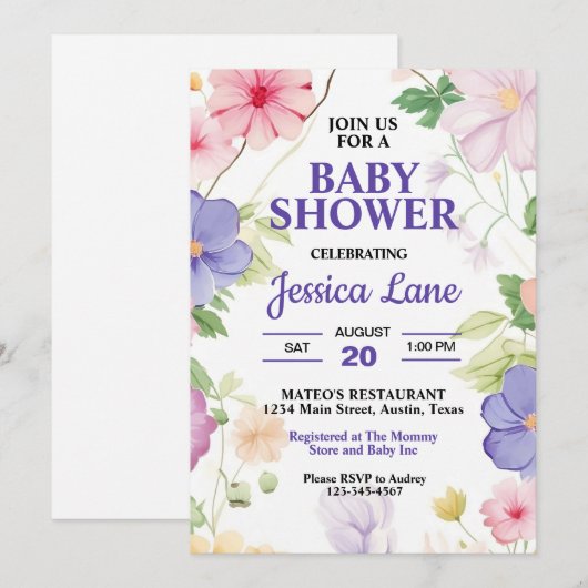 Roze en Lavendel Wildflowers Pastel Baby shower Kaart (Voorkant / Achterkant)