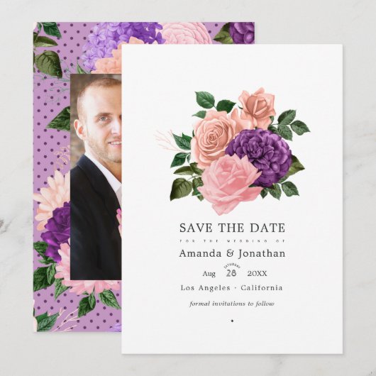 Roze en lavendelpaarse bloemenbruiloft save the date (Voorkant / Achterkant)