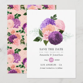 Roze en lavendelpaarse bloemige trouw save the date