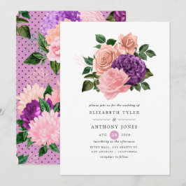 Roze en lavendelpaarse bloemige trouwfeest kaart
