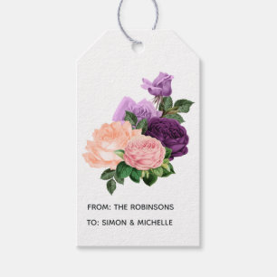 Roze en lavendelpaarse bloemmotief cadeaulabel