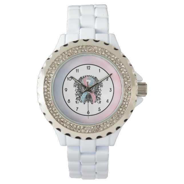 Roze en Licht Blauw Awareness Lint met Wings Horloge (Voorkant)