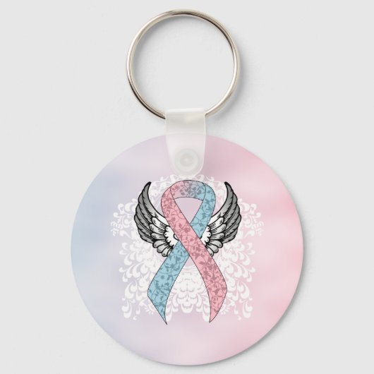 Roze en Licht Blauw Awareness Lint met Wings Sleutelhanger (Voorkant)