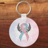 Roze en Licht Blauw Awareness Lint met Wings Sleutelhanger (Voorkant)