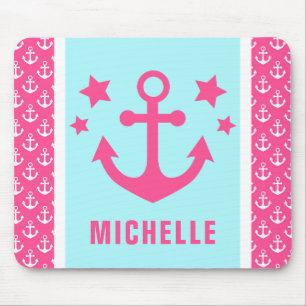 Roze en lichtblauwe ankers nautisch patroon muismat