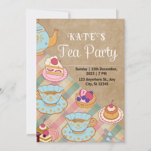 Roze en lichtblauwe vrouwelijke Tea Party uitnodig Kaart (Voorkant)